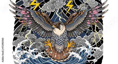 Majestic falcon illustration with stormy weather elements and ornamental wing details graphic