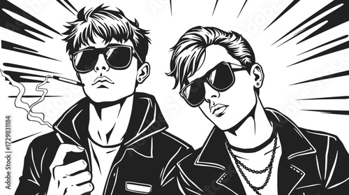 Two stylish men in sunglasses, posing with a cigarette, in a comic style.