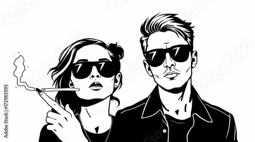 A stylish couple, both wearing sunglasses, with one holding a smoking cigarette.