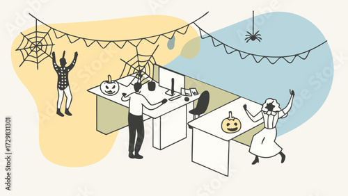 Office workers celebrate halloween with festive decorations and cheerful poses in a modern workspace setting