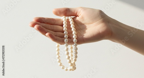 A hand extends holding a pearl necklace against a plain background with a light shadow