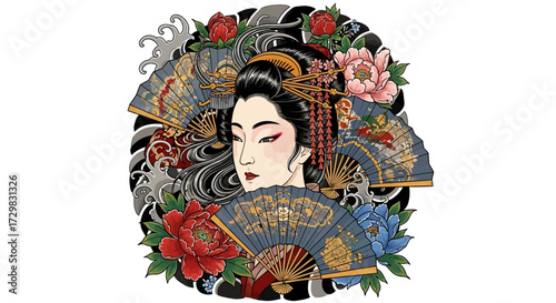 Ethereal beauty, a geisha gazes past ornamental fans, flowers and traditional hairstyle  in a