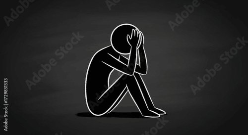 A simple illustration depicts a person sitting hunched over, covering their face.