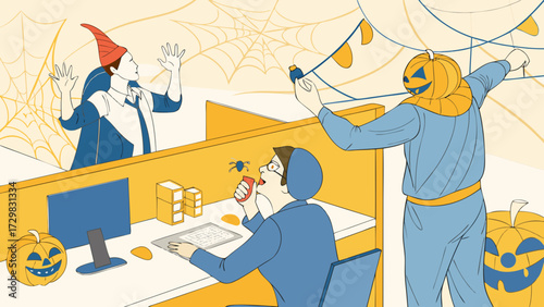Office halloween fun a pumpkin headed scarecrow and a gnome decorate cubicles with spiders and jack o lanterns
