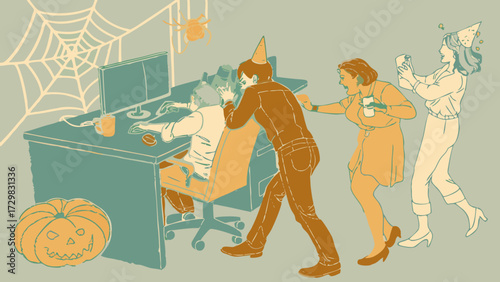 Office halloween party chaos as colleagues interrupt a worker focused on their computer screen