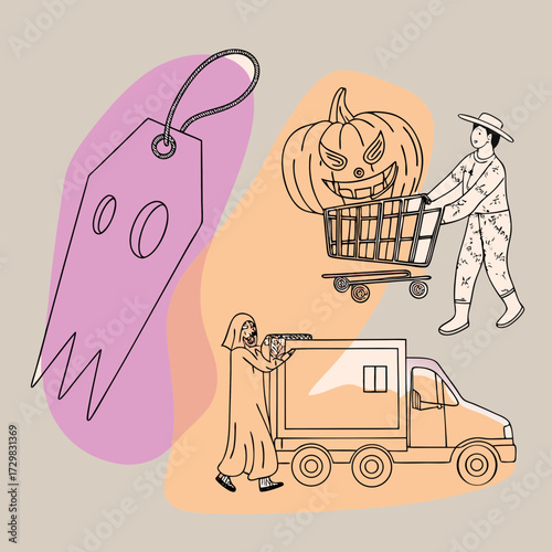 Whimsical halloween scene depicting shopping for decorations and delivering treats with a ghostly tag
