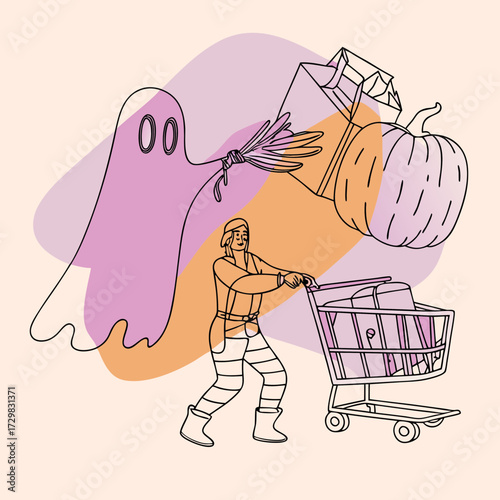 Whimsical halloween shopping spree featuring a ghost pushing a cart filled with autumnal treats and decorations