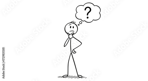 A simple stick figure thoughtfully pondering with a question mark above their head, contemplating.