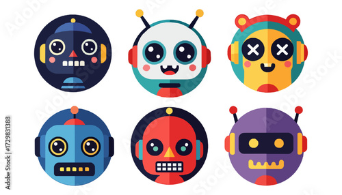 cute cartoon robot faces avatar icons vector illustration