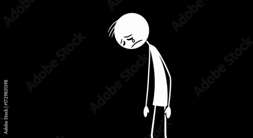 A white stick figure with hair, head bowed, appearing sad or depressed against a black background.