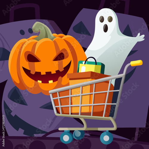 Spooky halloween shopping cart filled with treats and a jack o lantern alongside a friendly ghost