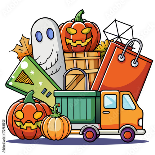 Whimsical halloween truck overflowing with festive decorations and autumn harvest items for a spooky celebration