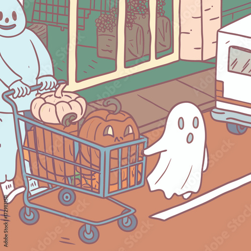 A friendly ghost and a person in a costume push a shopping cart filled with pumpkins down a street
