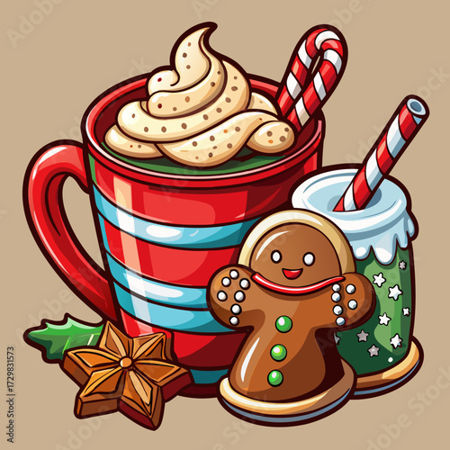 Festive holiday treats featuring a gingerbread man hot chocolate and candy canes