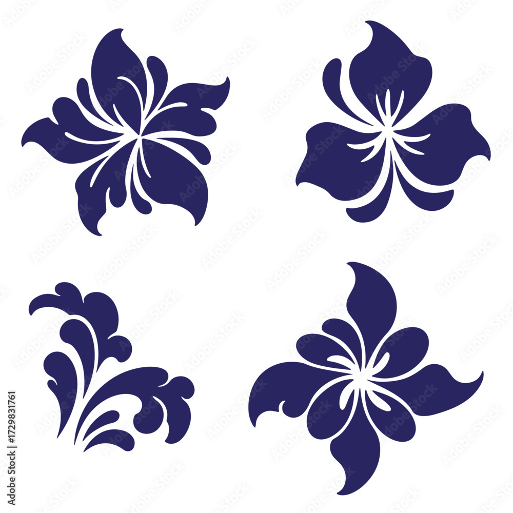 Obraz premium Elegant floral silhouette designs in navy blue on white background for decorative purposes