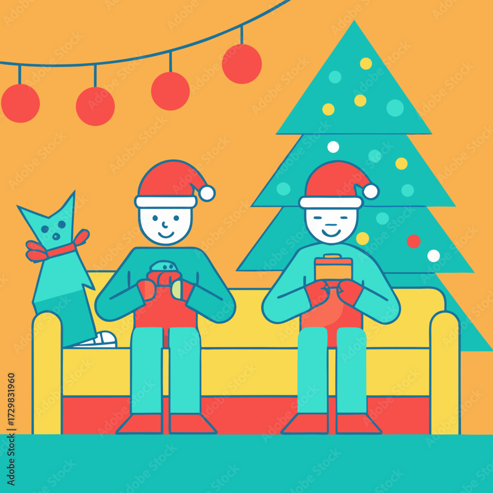 Fototapeta premium Two cheerful figures in santa hats exchange gifts on a sofa next to a decorated christmas tree