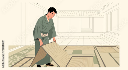 Japanese man arranging tatami mats in a traditional house setting with serene simplicity and