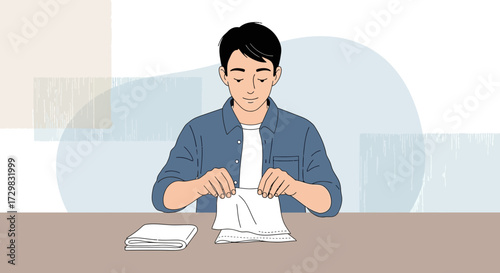 Man meticulously folding a white cloth at table with focus and precision illustrating domestic
