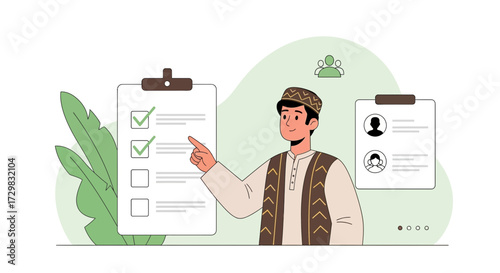 Muslim Man Reviewing Checklist and Team Profiles for Human Resources Selection Process