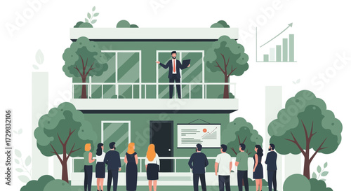 Real Estate Presentation: A Man Presenting a New Property with an Audience outdoors