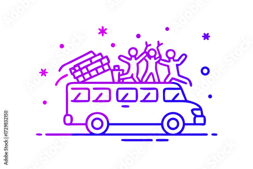 Joyful people celebrate on top of a van loaded with luggage during a festive outing