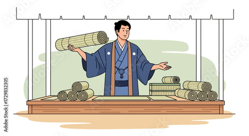 Traditional japanese craftsman with tatami mats showcasing culture and heritage illustration