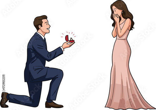 Romantic wedding proposal scene with man on one knee offering engagement ring to surprised woman in elegant dress illustration
