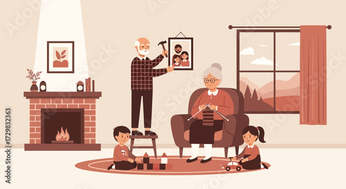 Warm family moments grandparents spending time with grandchildren indoors illustration