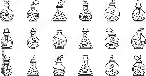 Collection of potion bottles, each with unique shapes and contents for magical or scientific themes