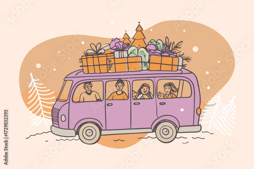 Family loaded van travels through winter landscape carrying christmas trees and presents for holiday celebration