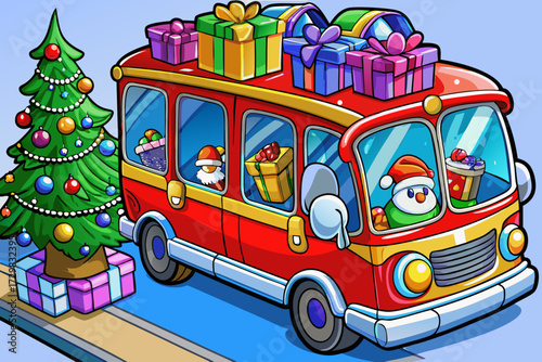 Festive red bus loaded with colorful christmas gifts and driven by a cheerful snowman with a decorated tree nearby