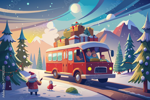 Festive red bus loaded with christmas gifts travels through a snowy mountain landscape under a twilight sky