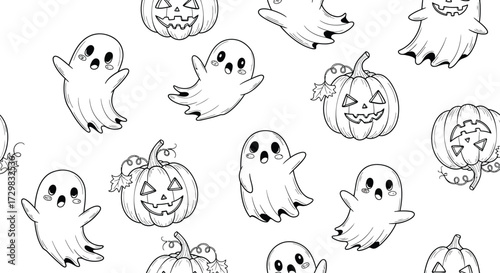 Seamless halloween pattern with cute ghosts and pumpkins festive design for wrapping paper, fabric, textile, and decoration