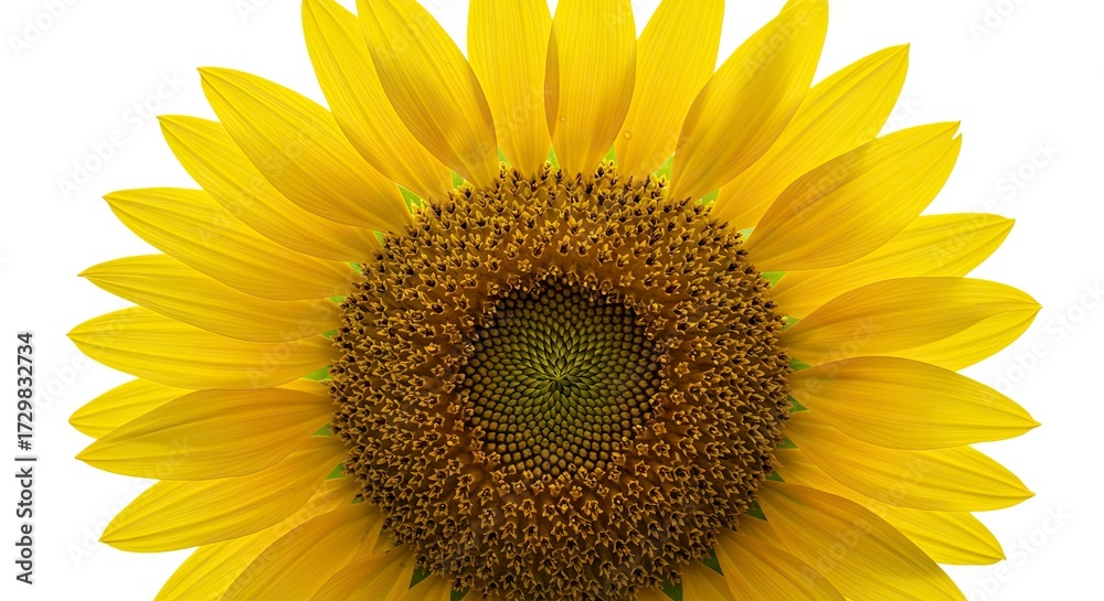 Obraz premium A closeup of a sunflowers head showcasing its yellow petals and brown center set against a white backdrop