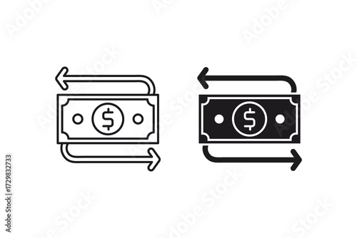 Cash flow icon with two money exchange icons and dollar bills. Perfect for financial presentations, websites, articles, and business publications.