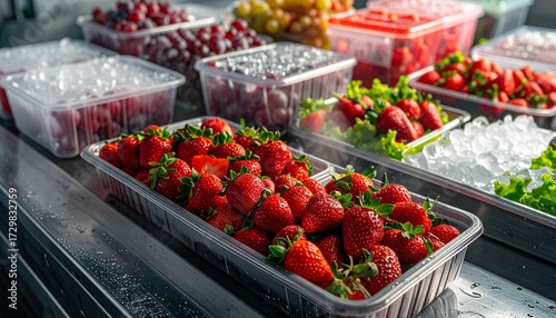 Fresh ripe strawberries and assorted berries in clear plastic containers on a chilled metal display.