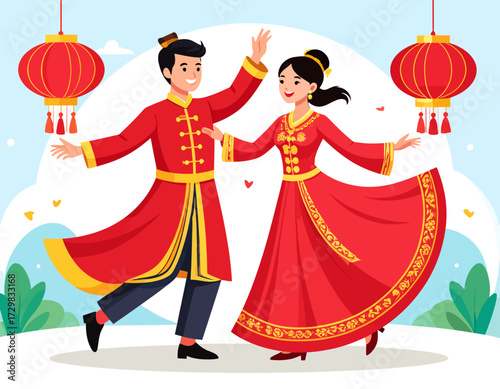 Happy couple dancing in traditional red costumes with festive lanterns, celebrating culture, love, and togetherness in a joyful outdoor setting.