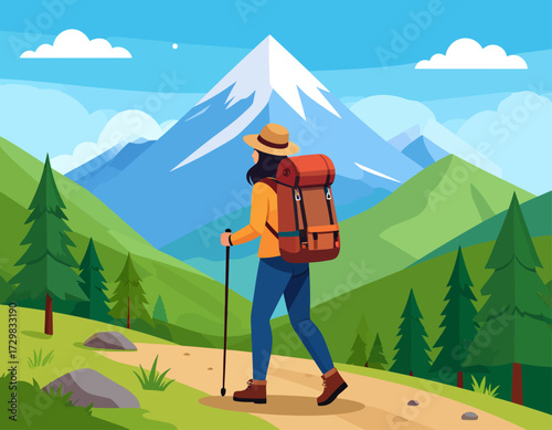 A determined female hiker with a large backpack walks along a trail in the majestic mountains. This illustration symbolizes adventure, travel, and a love for exploring nature.