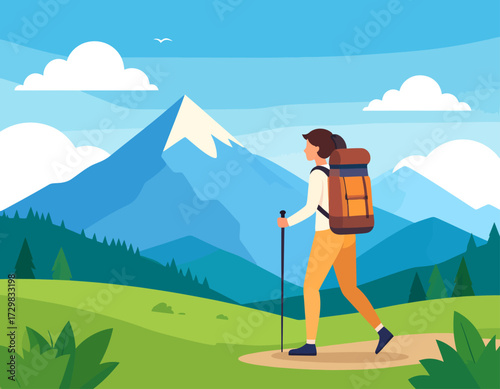  A lone hiker with a pack embarks on a journey through a serene mountain path. This illustration captures the peaceful solitude of exploring the natural world and a passion for hiking.