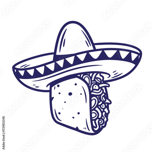 Funny taco character wearing sombrero vector illustration for mexican cuisine design