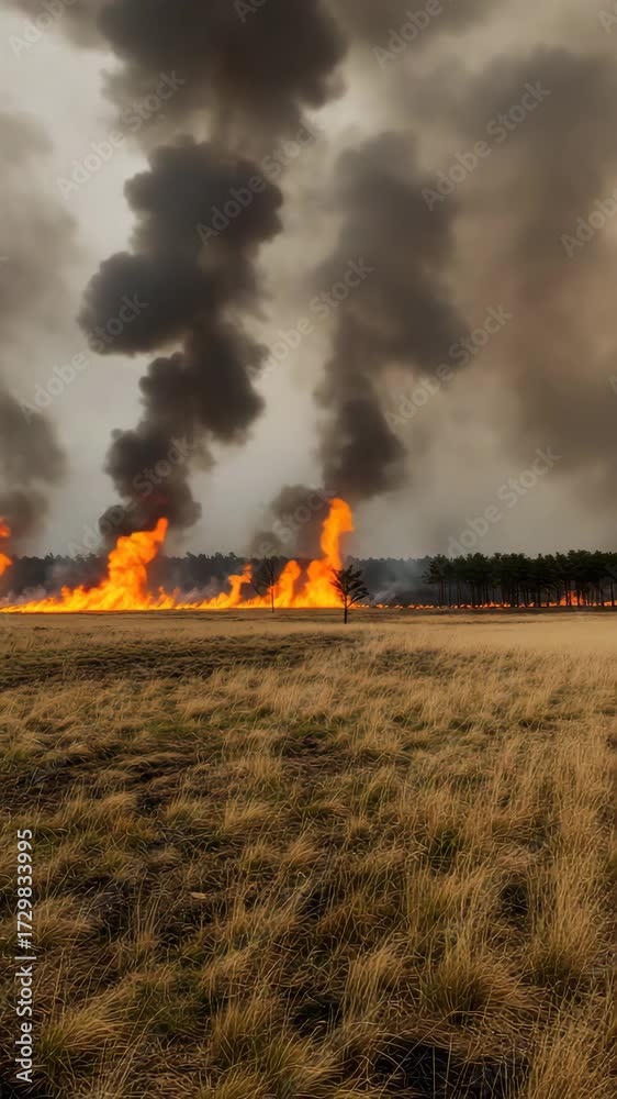 Flames soar as a grass fire engulfs a field, sending smoke into the ...