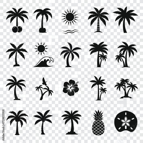 Collection of tropical palm tree silhouettes isolated on white background