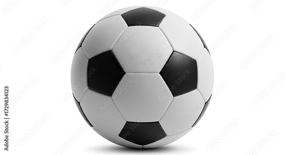 Fototapeta premium Soccer ball with black pentagons and white hexagons stands on a white surface casting a shadow