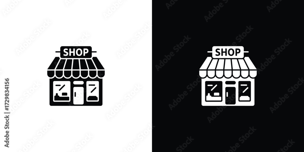 Naklejka premium Shop Icon in Black and White Storefront with Awning, Door, and Display Window