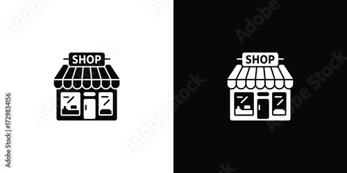 Shop Icon in Black and White Storefront with Awning, Door, and Display Window