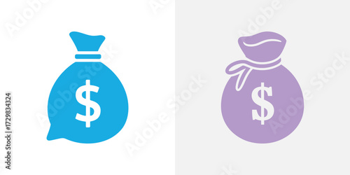 Two Isolated Cartoon Money Bags One Blue and One Purple with Dollar Sign