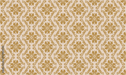 Ornamental Floral Repeat in Golden Beige Damask Style