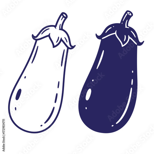 Hand drawn illustration of two eggplants in solid and outlined styles on white