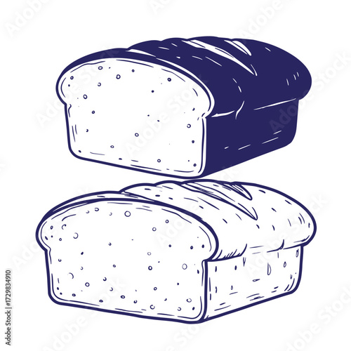 Hand drawn illustration of two loafs of bread in dark blue and white bakery theme