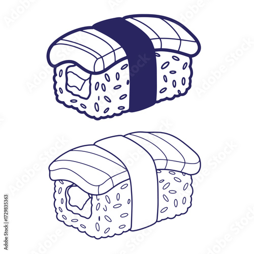 Hand drawn outline illustration of two salmon nigiri sushi pieces against a white background